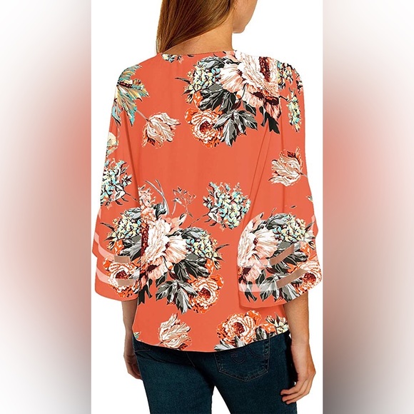 Floral Salmon V Neck Blouse with Bell Sleeves - Picture 6 of 6